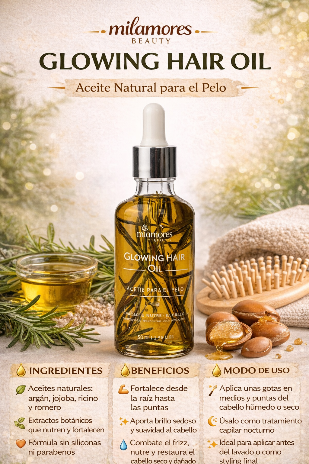 Aceite Nutritivo Para El Pelo GlowingHair - Milamores x50ml