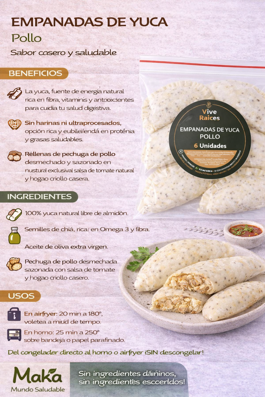 Empanadas de Yuca (Solo Pollo) Vive Raíces - Comida Real x6unid