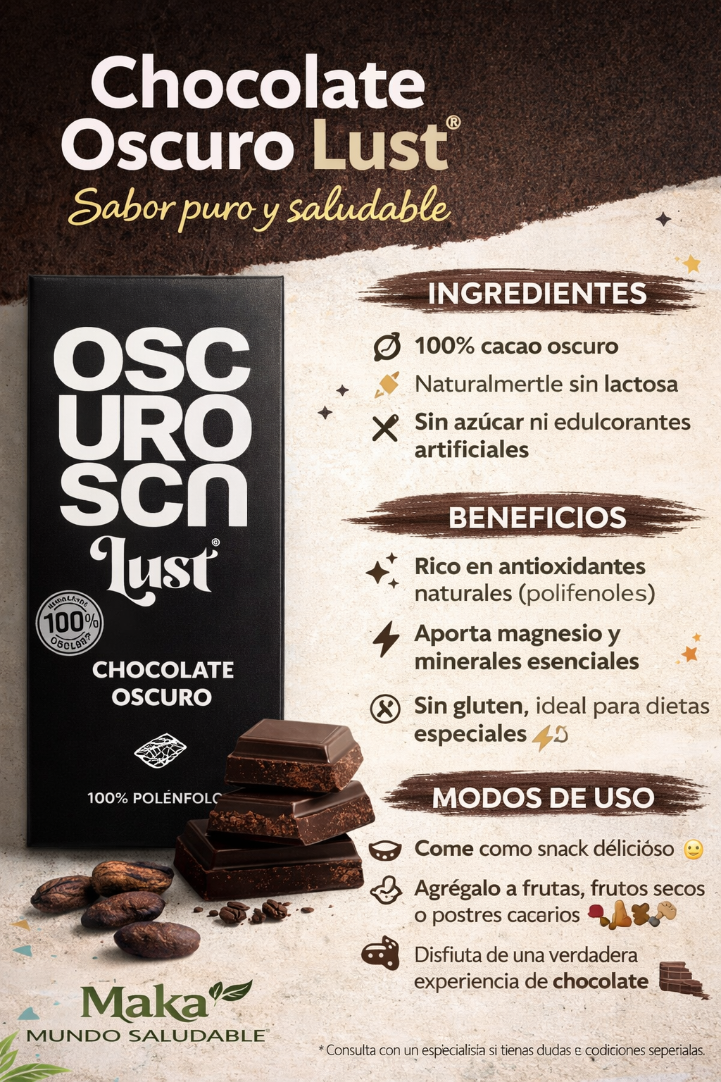 Barra De Chocolate 100% Cacao - Lust x60g