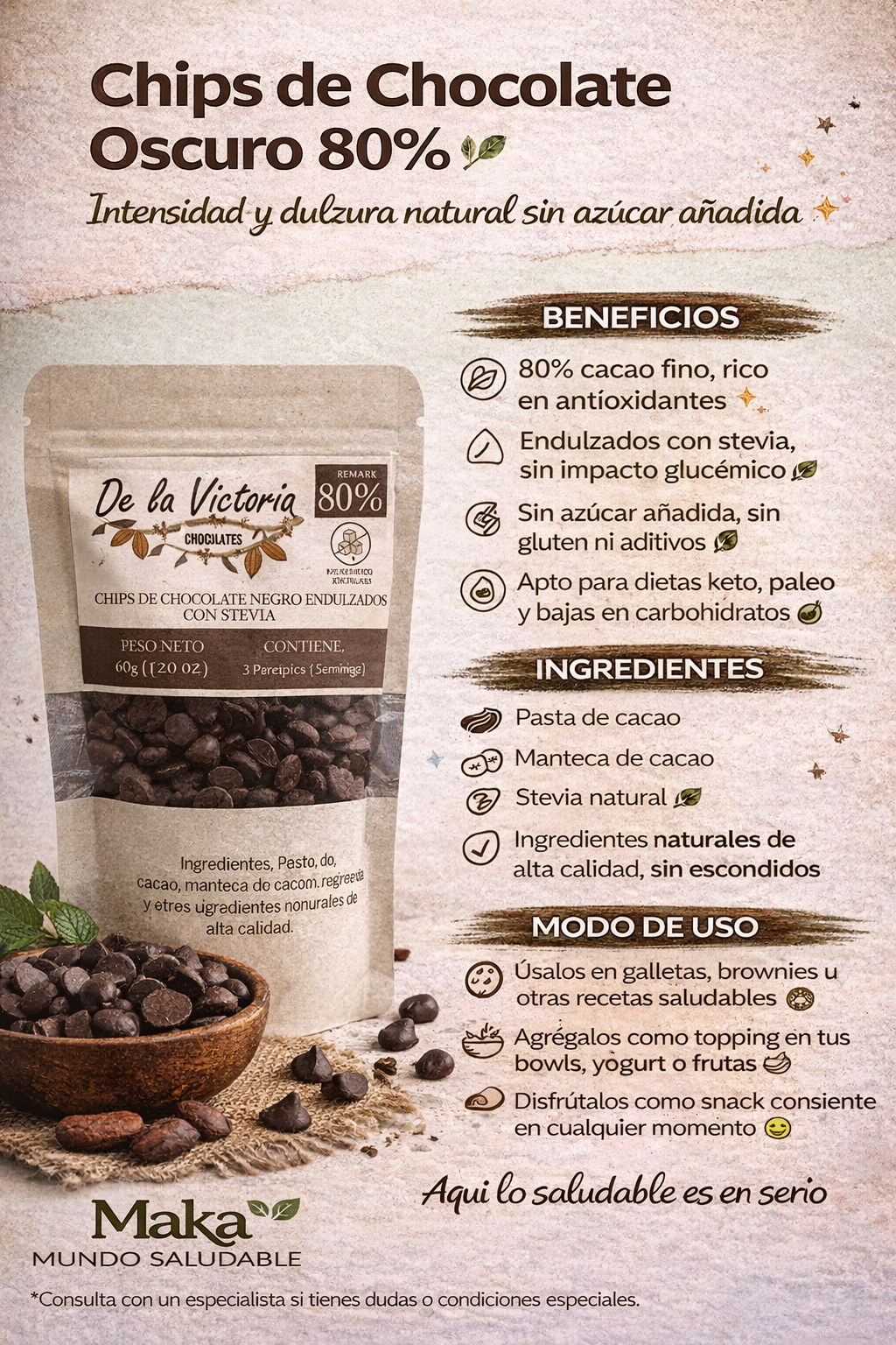 Chips De Chocolate Al 80% Con Estevia - De la Victoria x60g