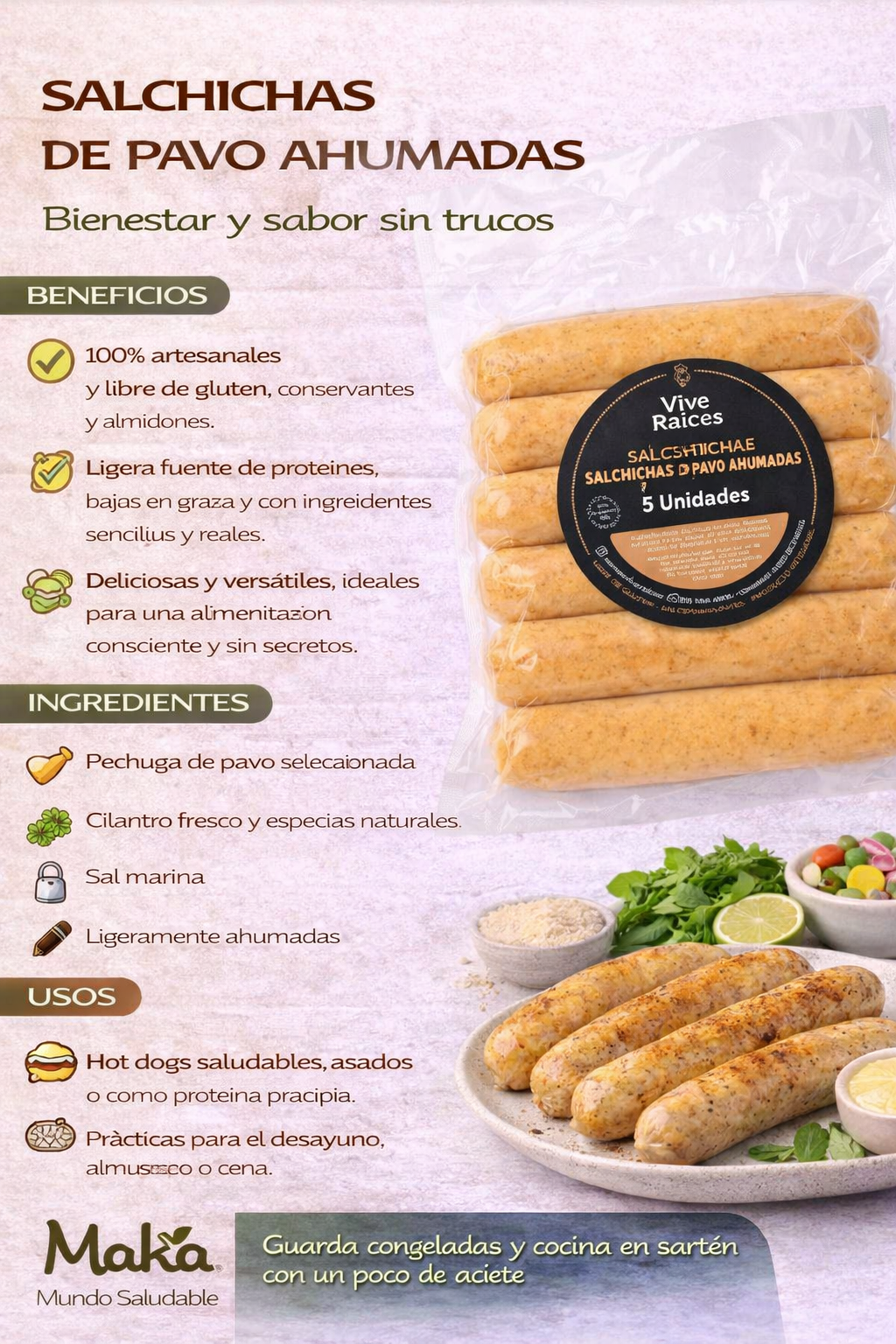 Salchicha de Pollo Ranchera Vive Raíces - Comida Real x5unid