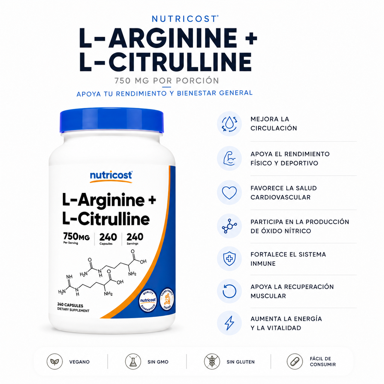 L-Arginina + L-Citrulina Nutricost - 240caps