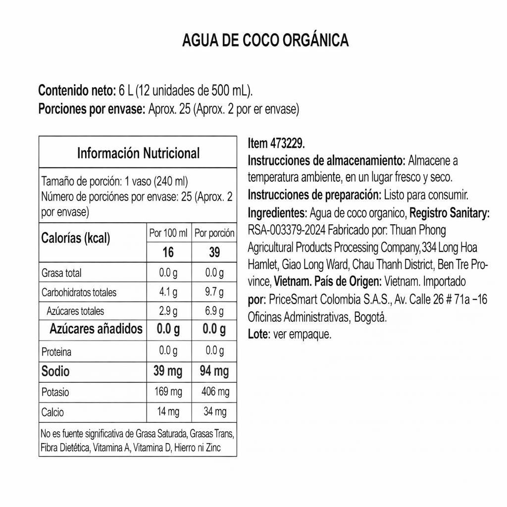 Agua de Coco Orgánico - Member's x500ml