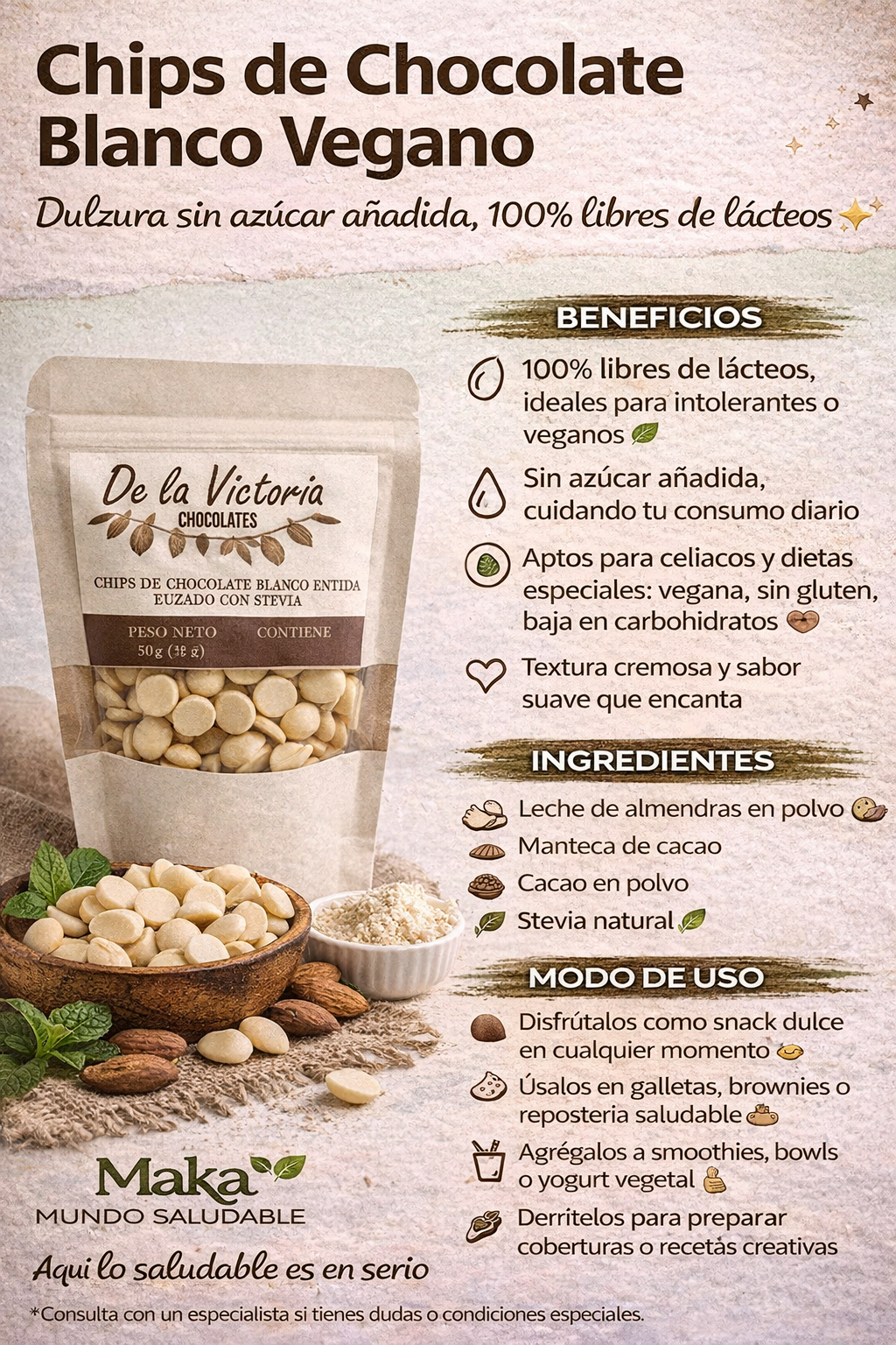 Chips De Chocolate Blanco Vegano Con Estevia (Leche de Almendras)- De La Victoria x50g