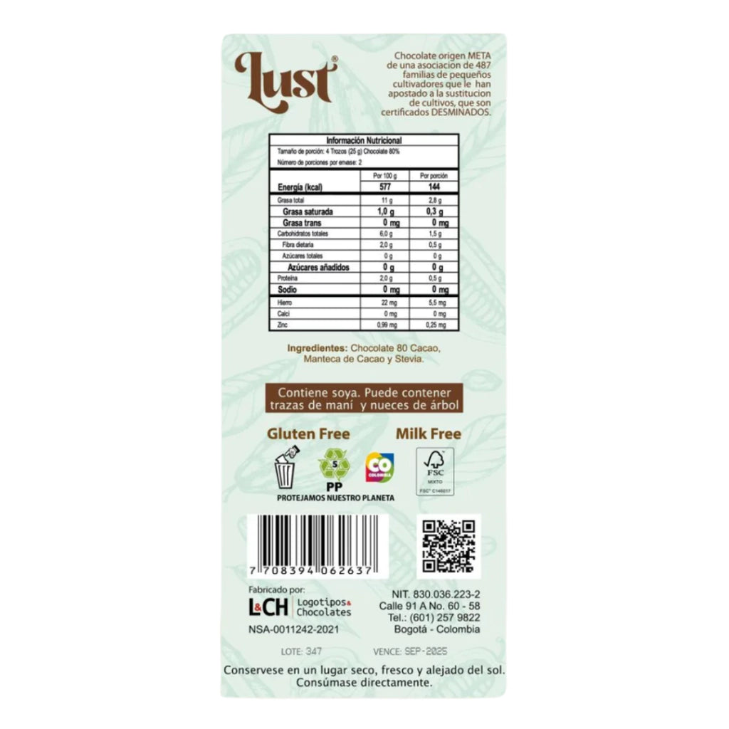 Barra De Chocolate 80% Con Stevia - Lust x50g
