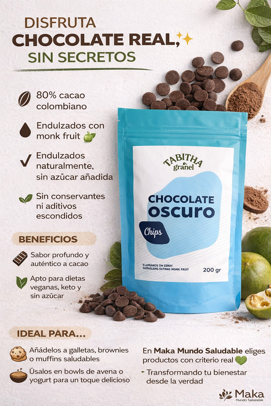 Chips de Chocolate Oscuro 80% - Tabitha x200g