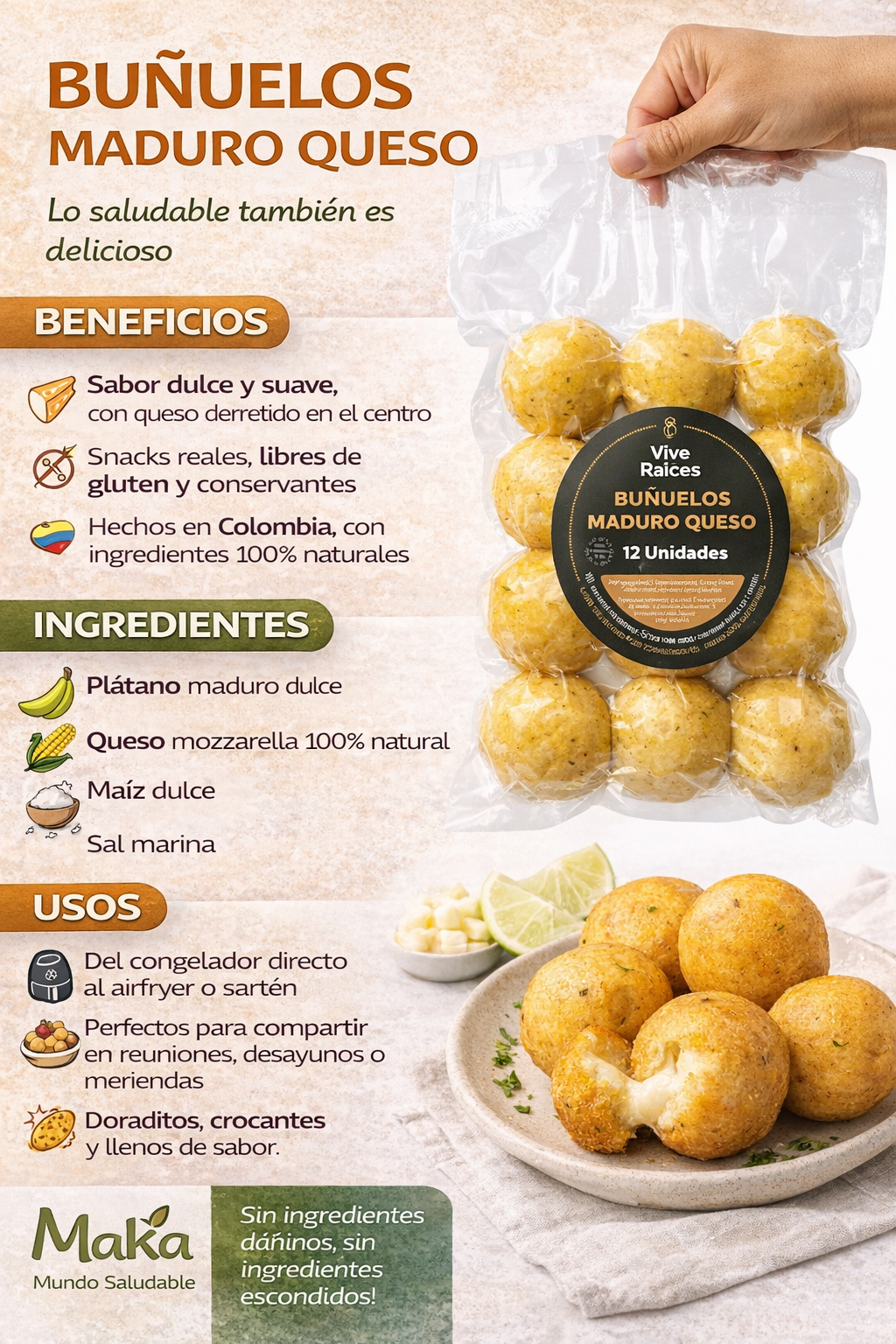 Buñuelo de Maduro con Queso Vive Raíces - Comida Real x12unid