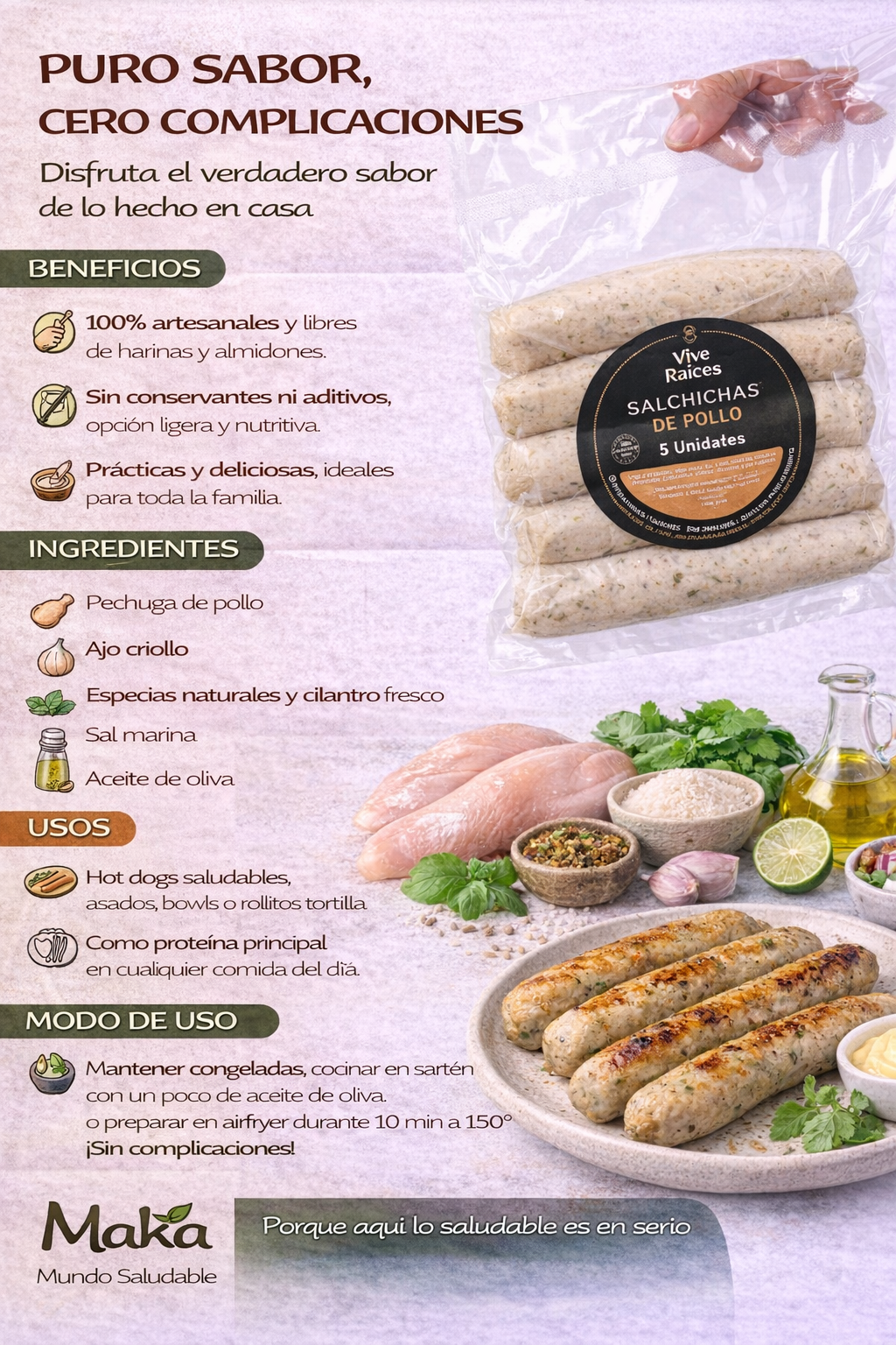 Salchicha de Pollo Vive Raíces - Comida Real x5unid