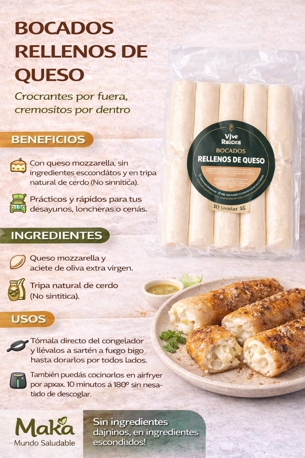 Deditos de Yuca Pollo Queso Vive Raíces - Comida Real x10unid