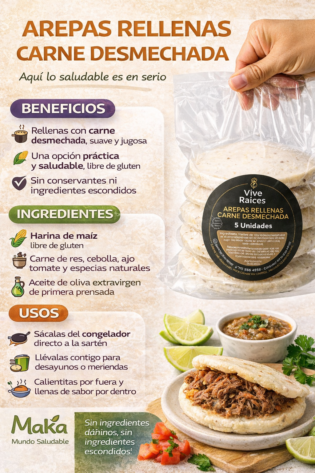 Arepa Rellena Carne Desmechada Vive Raíces - Comida Real