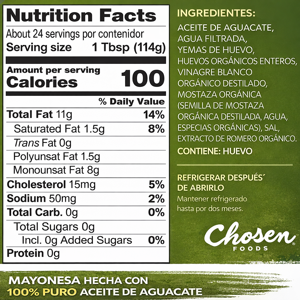 Mayonesa Clásica con Aceite de Aguacate - Chosen Foods x352ml