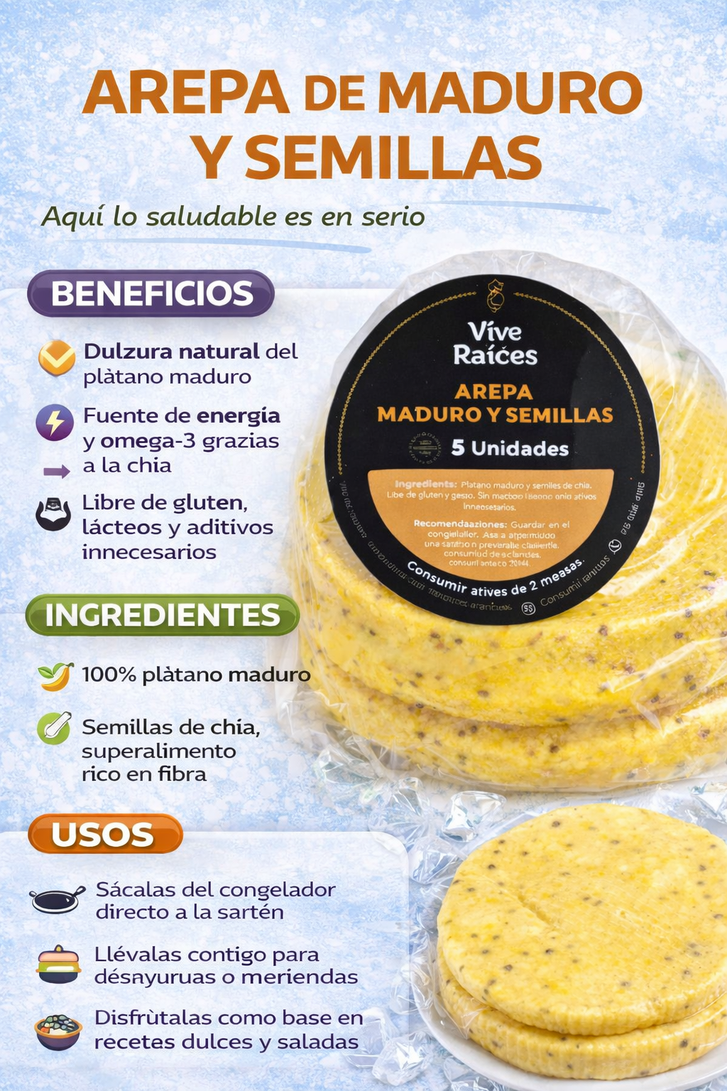 Arepa De Maduro Con Queso y Semillas Vive Raíces - Comida Real x5unid