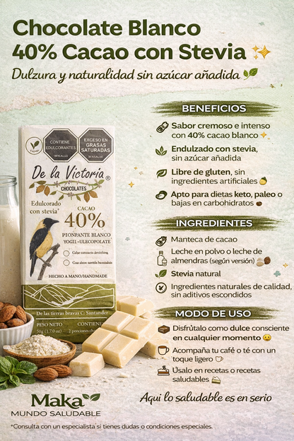 Barra De Chocolate Blanco Al 40% Con Estevia - De La Victoria x50g