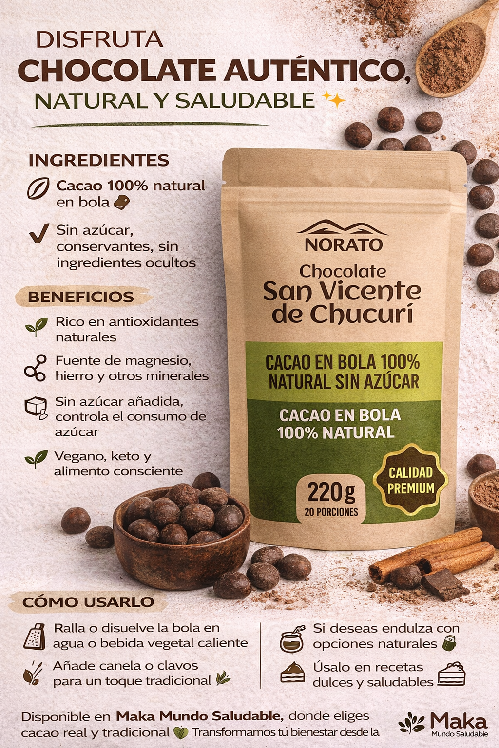 Cacao Orgánico en Bola - Norato x220g