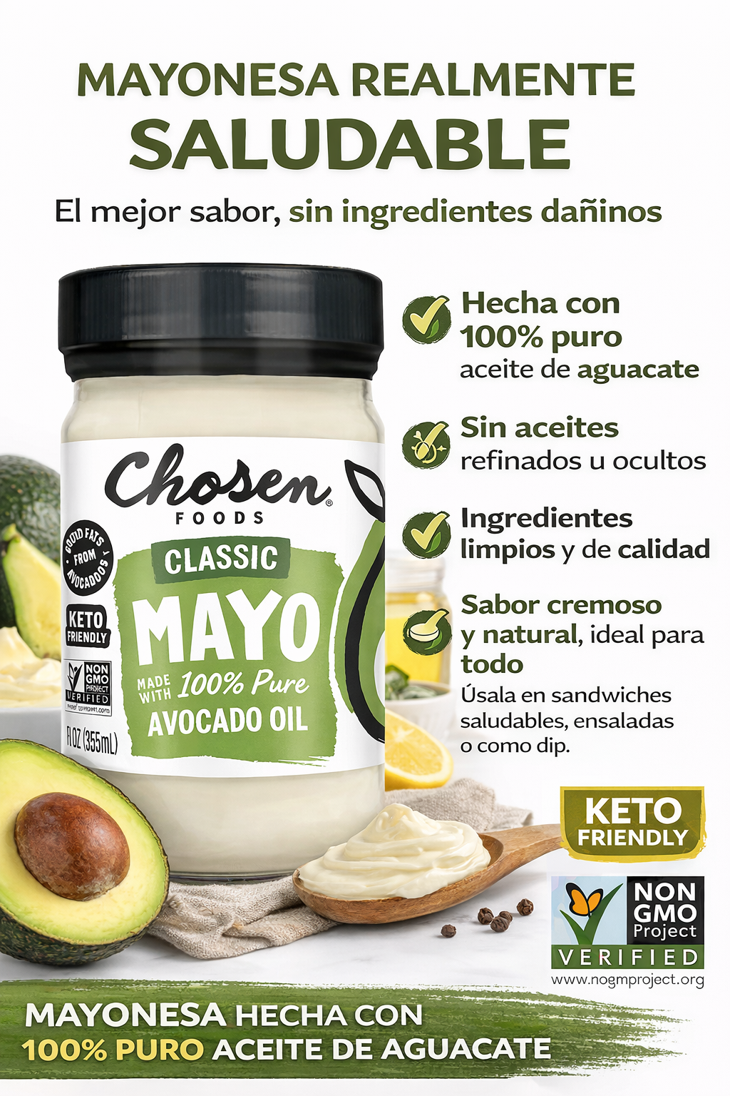 Mayonesa Clásica con Aceite de Aguacate - Chosen Foods x352ml