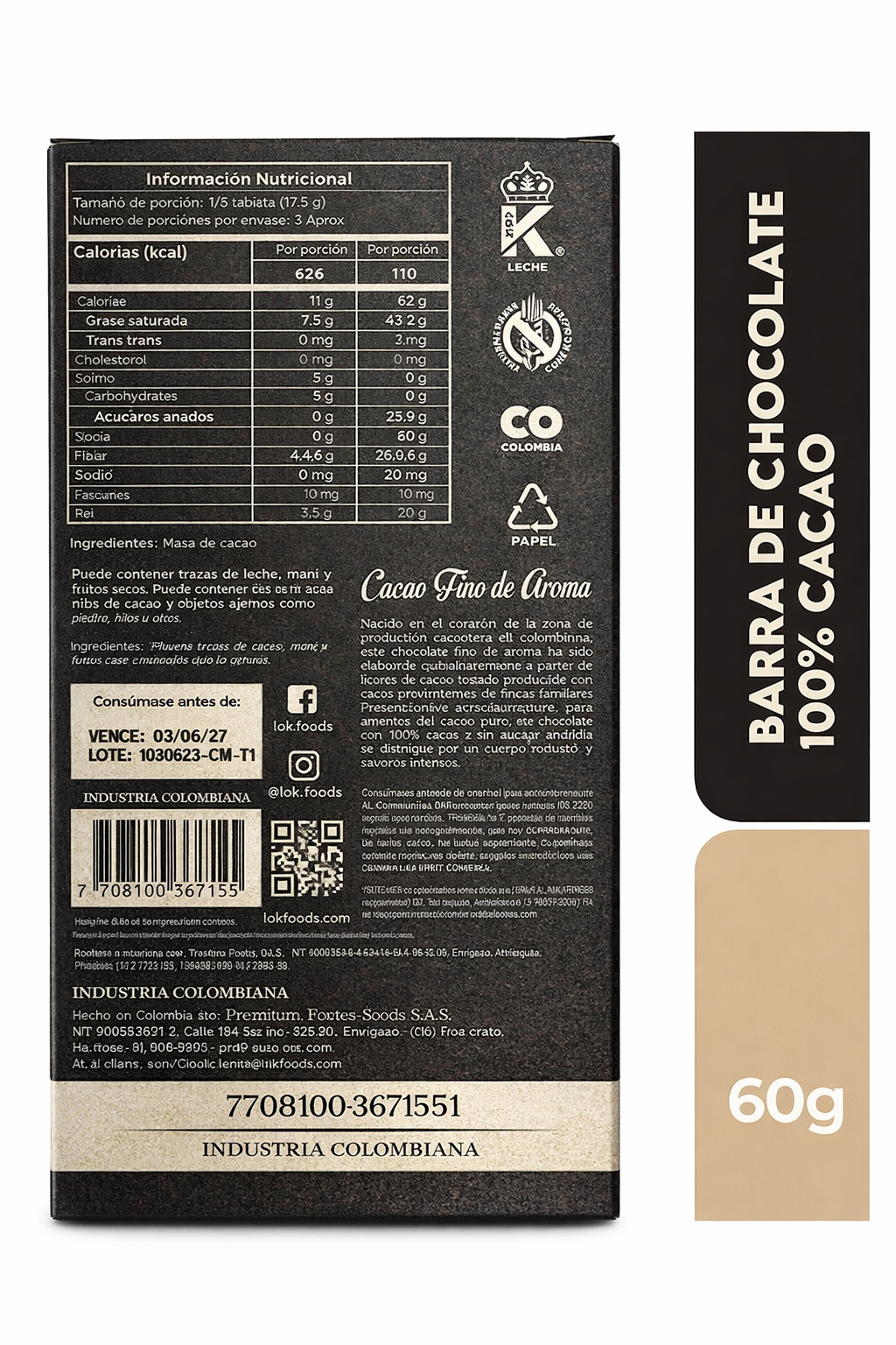Barra De Chocolate 100% Cacao - Lok x60g