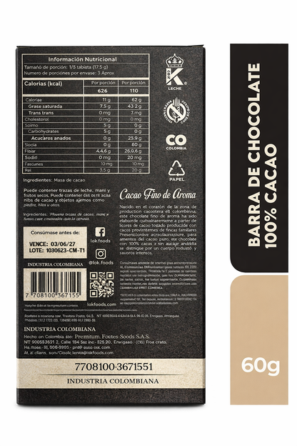 Barra De Chocolate 100% Cacao - Lok x60g