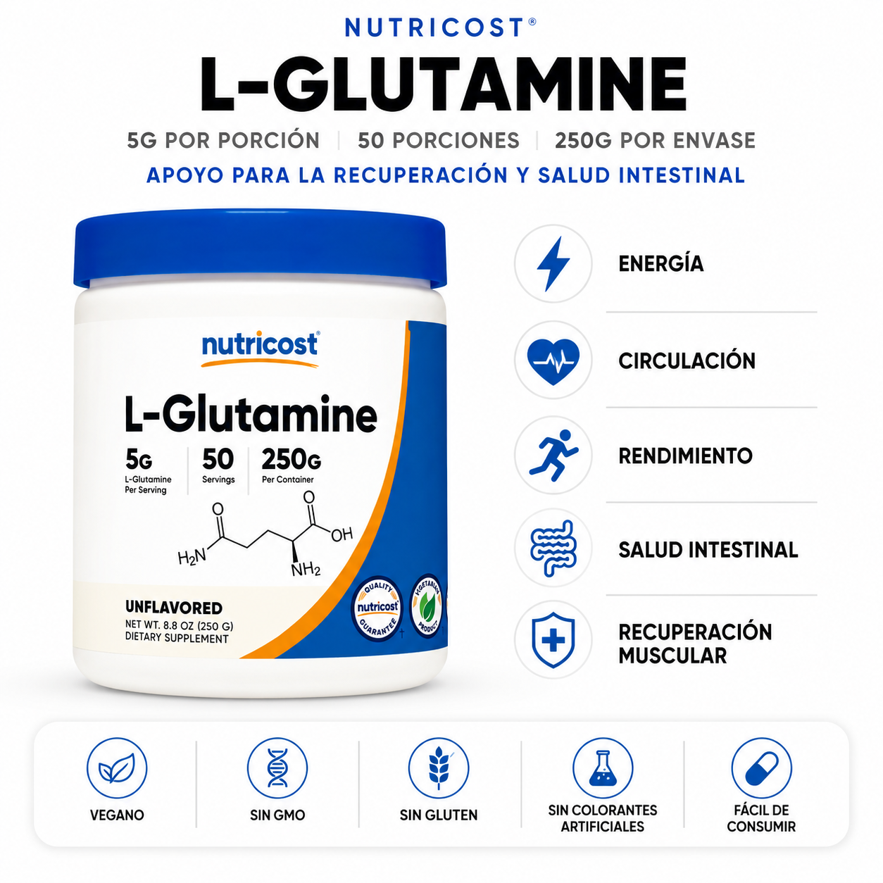 L-Glutamine en polvo - Nutricost x250g
