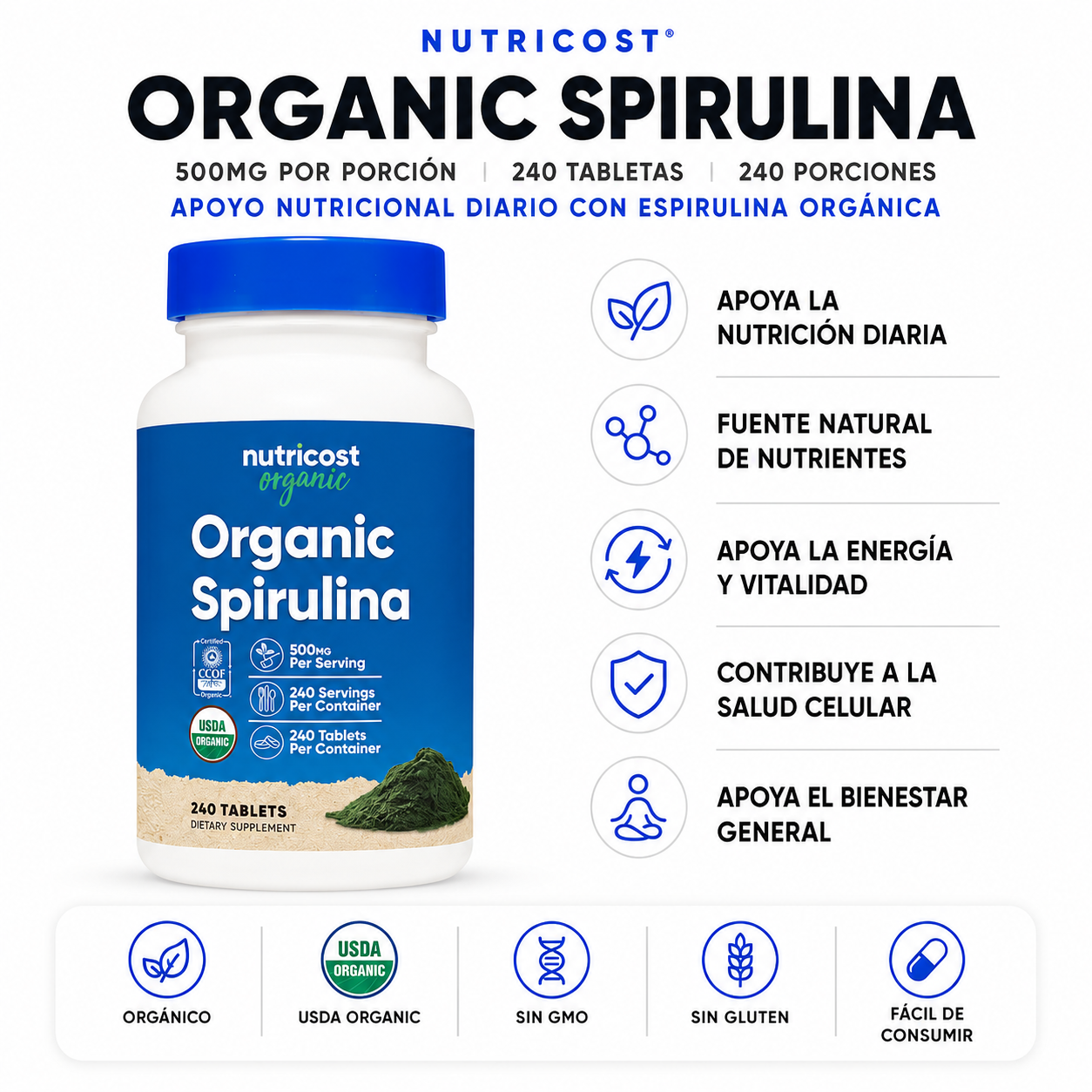 Organic Spirulina Nutricost - 240caps