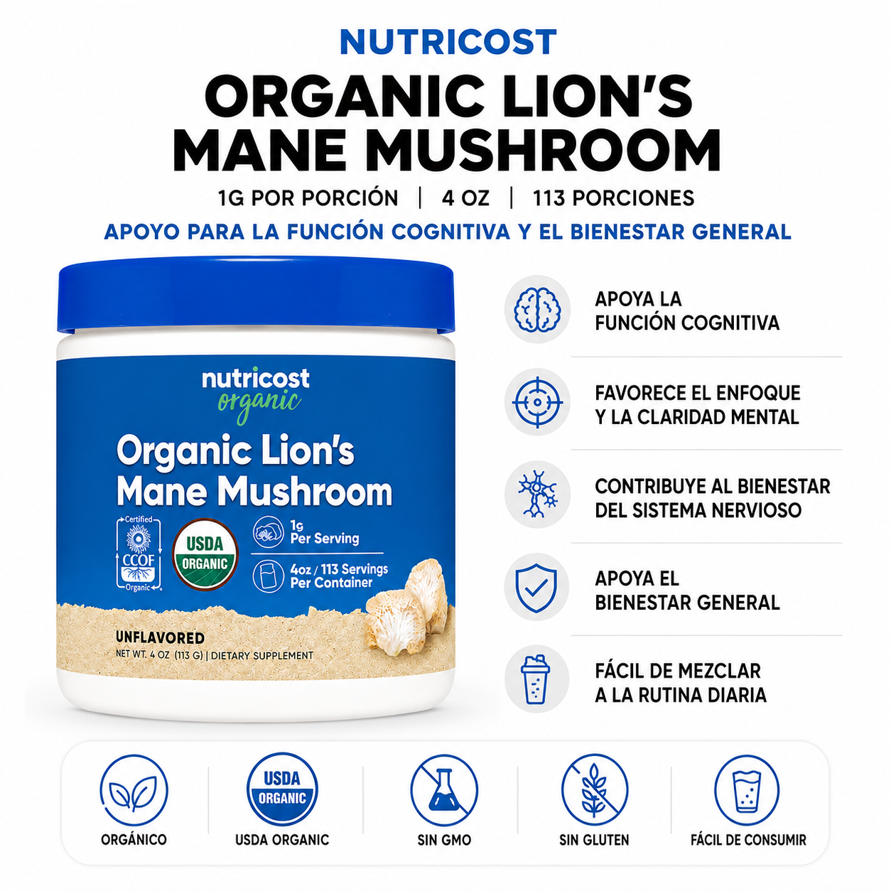 Organic Lion's Mane Mushroom Nutricost - 113g