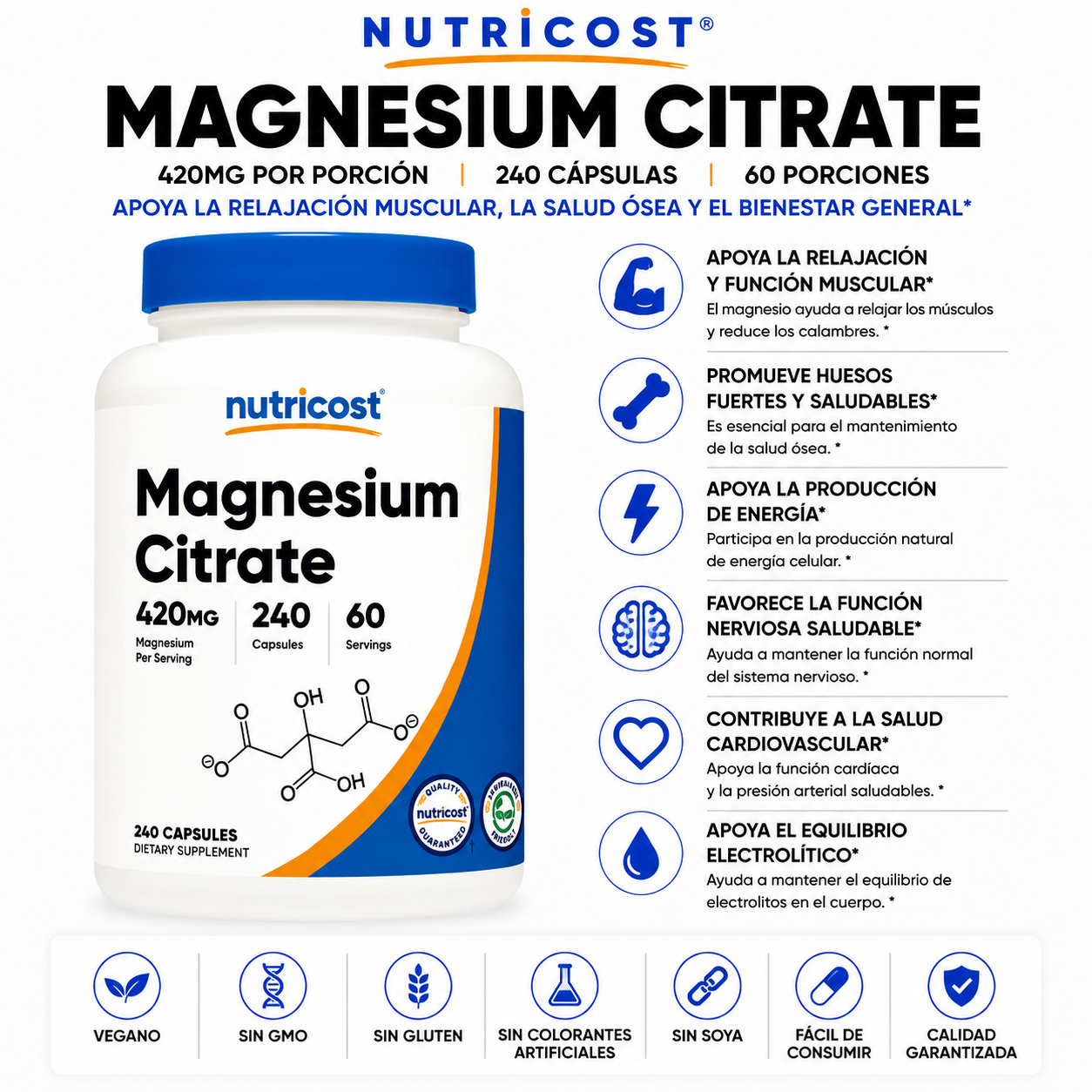 Citrato de Magnesio Nutricost - 240cap