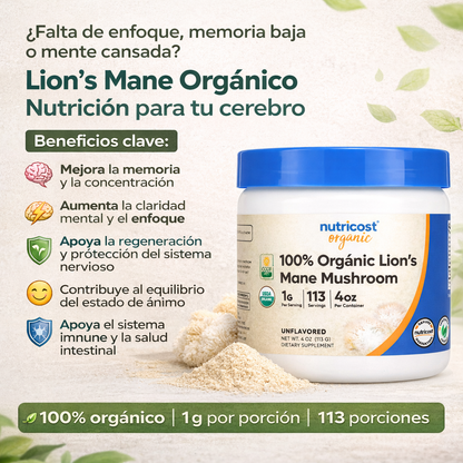 Organic Lion´s Mane Powder - Melena De León en Polvo - Nutricost x113g