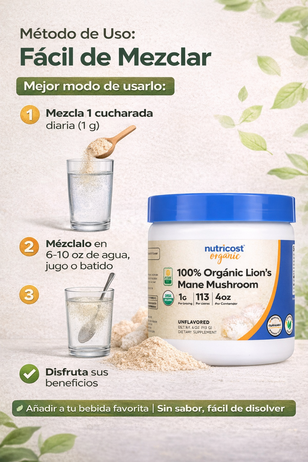Organic Lion´s Mane Powder - Melena De León en Polvo - Nutricost x113g