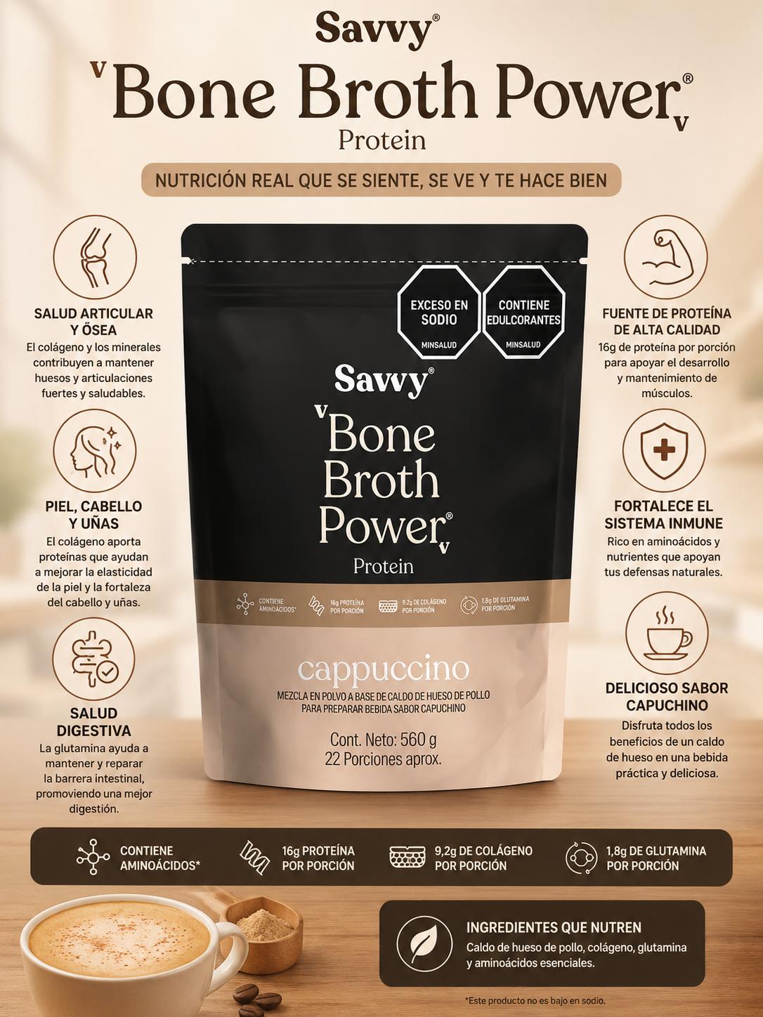 Proteína | Bone Broth Power® cappuccino 560g Savvy