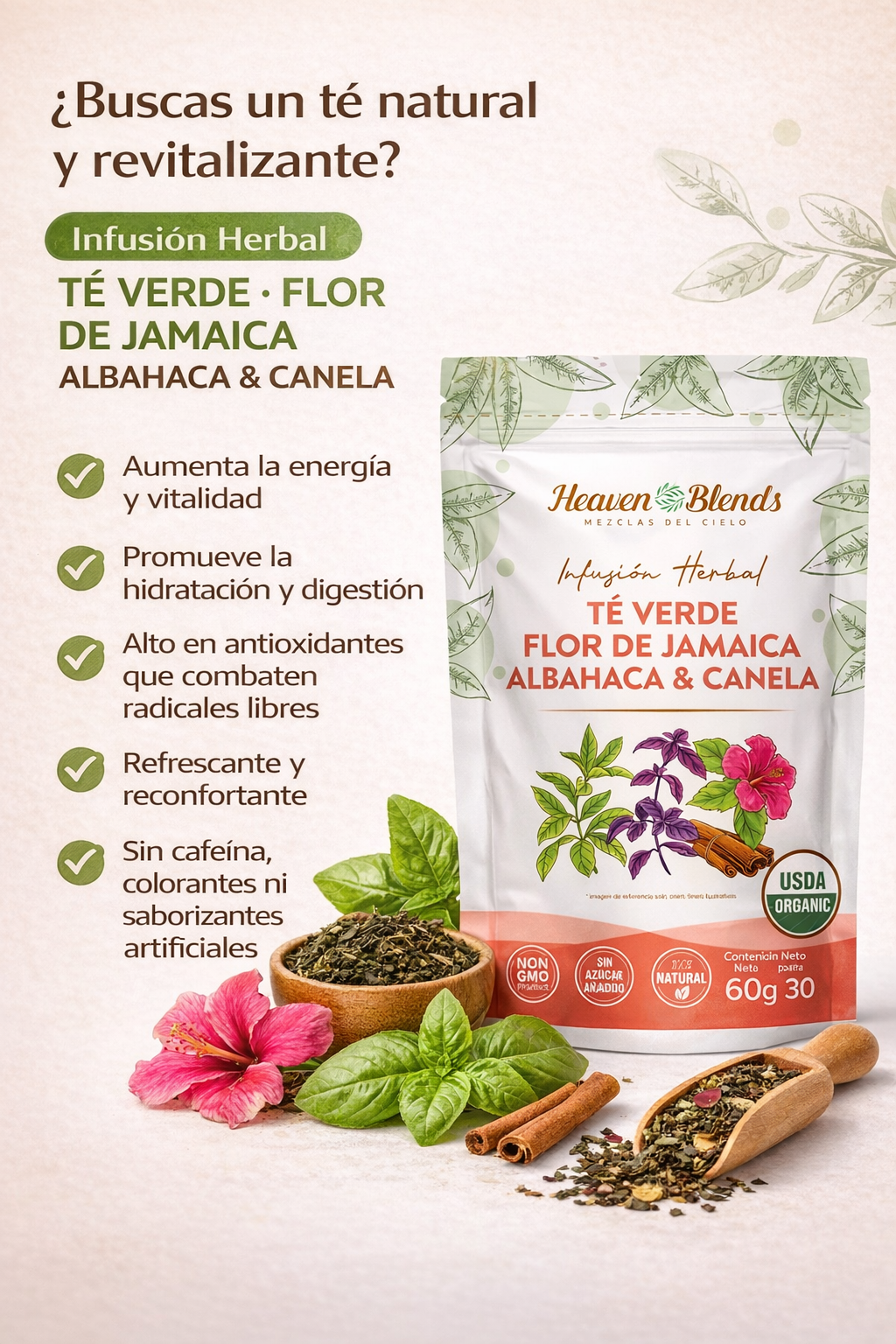 Infusión Orgánica De Té Verde, Flor De Jamaica, Albahaca Y Canela - Heaven Blends x60g