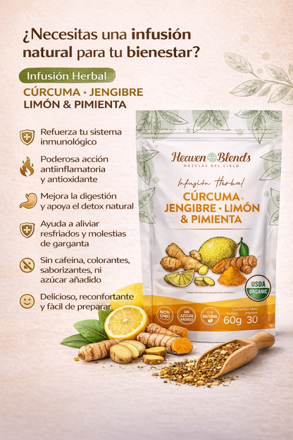 Infusión Herbal Cúrcuma, Jengibre, Limón & Pimienta – Heaven Blends x60g