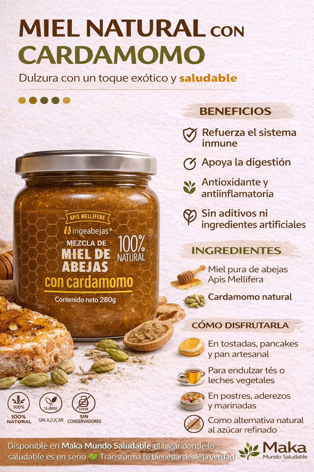 Miel De abejas Con Cardamomo - Ingeabejas x280gr