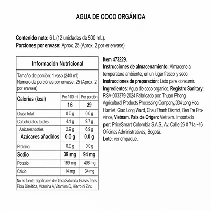 Agua de Coco Orgánico - Member's x500ml