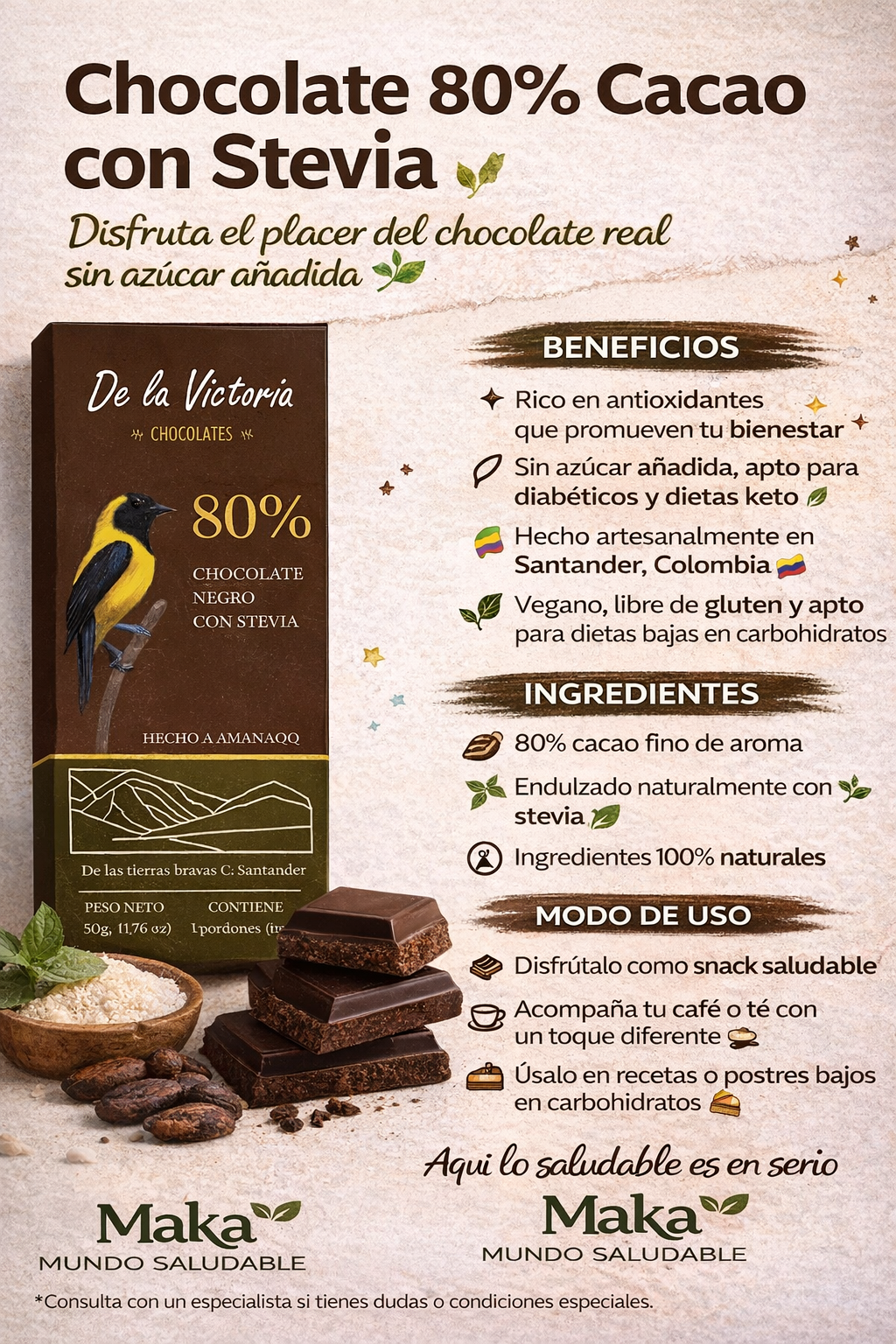 Barra De Chocolate Al 80% Con Estevia - De La Victoria x50g