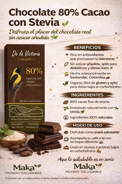 Barra De Chocolate Al 80% Con Estevia - De La Victoria x50g
