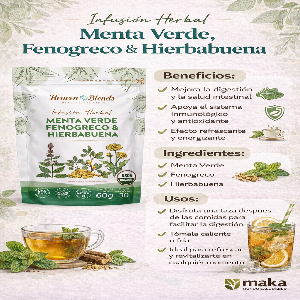Infusión Orgánica Menta Verde, Fenogreco & Hierbabuena - Heaven Blends x60g