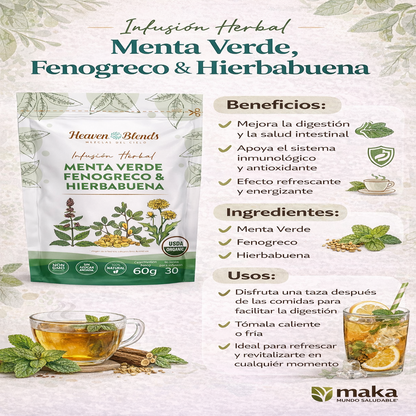 Infusión Orgánica Menta Verde, Fenogreco & Hierbabuena - Heaven Blends x60g