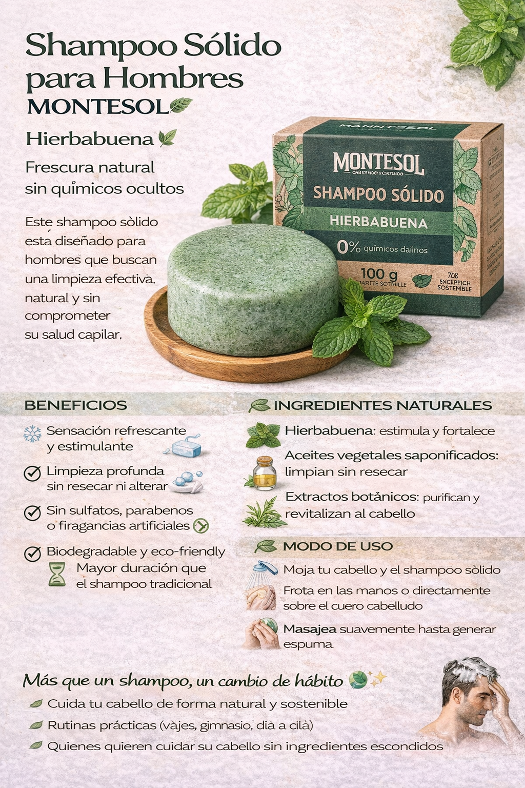 Shampoo Sólido Montesol para Hombres - Hierba Buena (100 g)