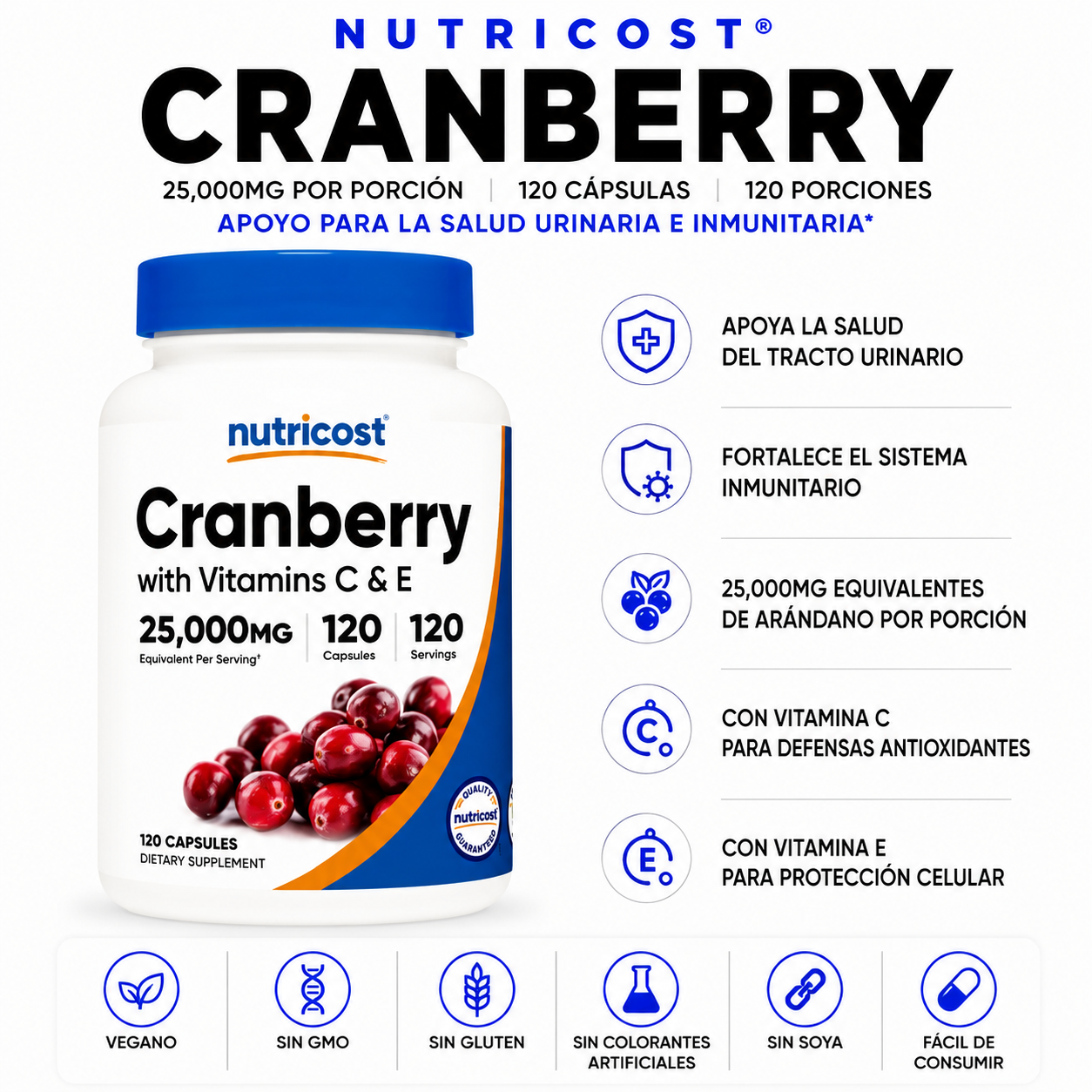 Cranberry con Vitamina C y E Nutricost - 120caps