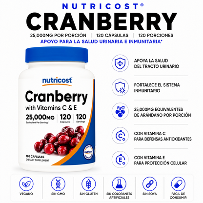 Cranberry con Vitamina C y E Nutricost - 120caps
