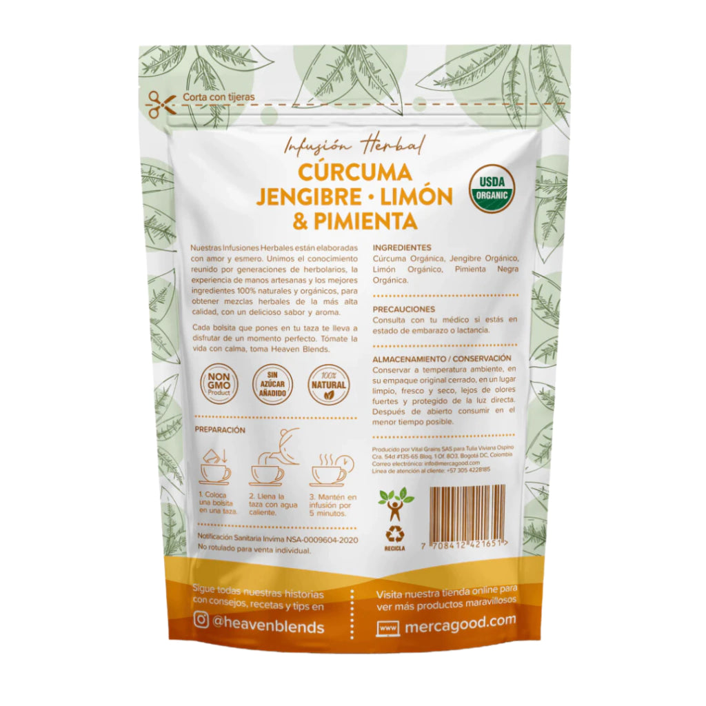 Infusión Herbal Cúrcuma, Jengibre, Limón & Pimienta – Heaven Blends x60g