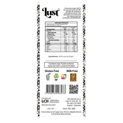 Barra De Chocolate 100% Cacao - Lust x60g