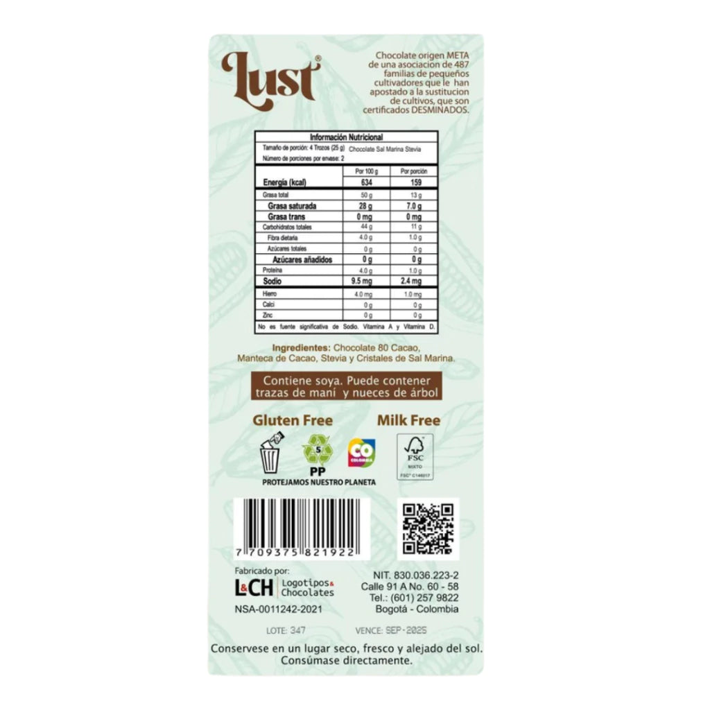 Barra De Chocolate 80% Cacao Con Stevia Y Sal Marina - Lust x50g