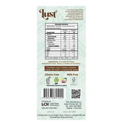 Barra De Chocolate 80% Cacao Con Stevia Y Sal Marina - Lust x50g