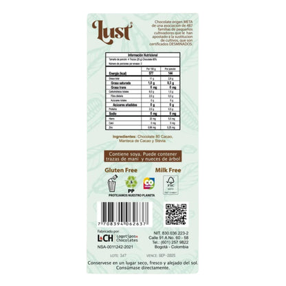 Barra De Chocolate 80% Con Stevia - Lust x50g